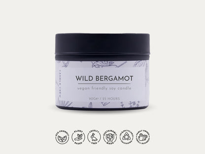 Wild Bergamot - Scented Soy Wax Tin Candle - Vegan & Eco Friendly Hand Poured Candles | Gift Aromatherapy | Fragranced | Handmade | Gifts